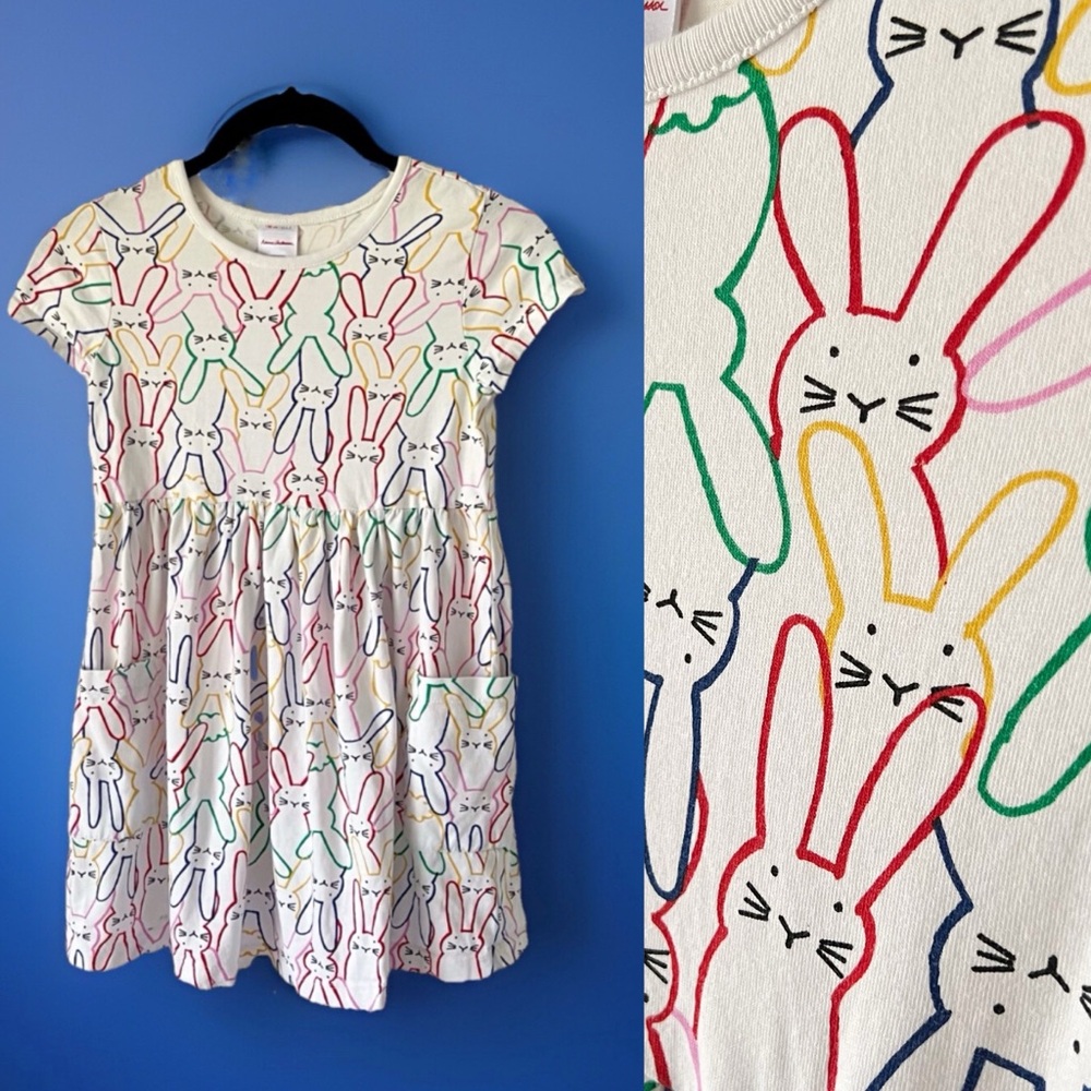 Hanna Andersson White Multicolor Bunny Bunnies Cotton Dress Size 6 7